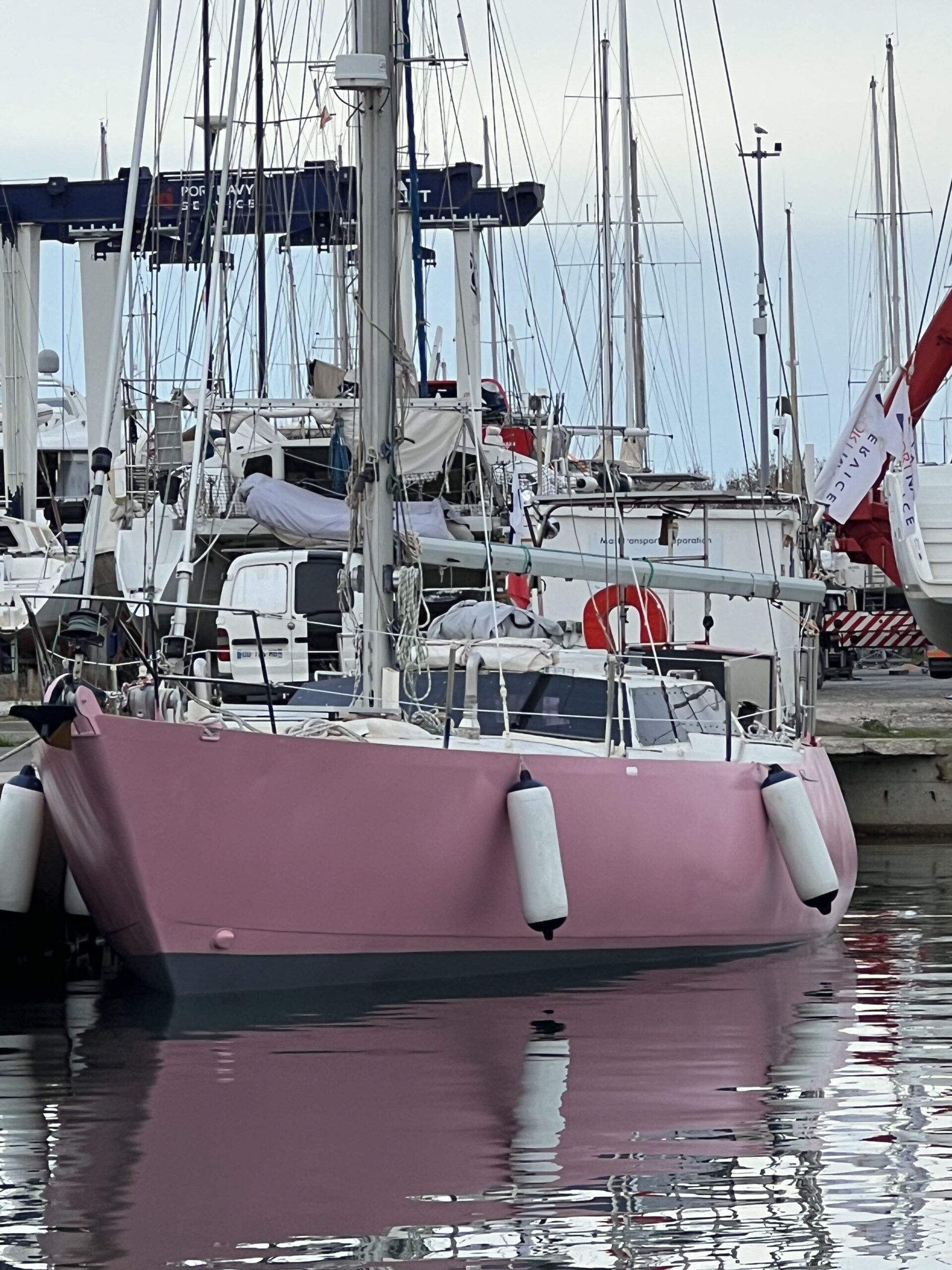 ARION d’ASTRION, voilier aluminium rose vu de face au ponton