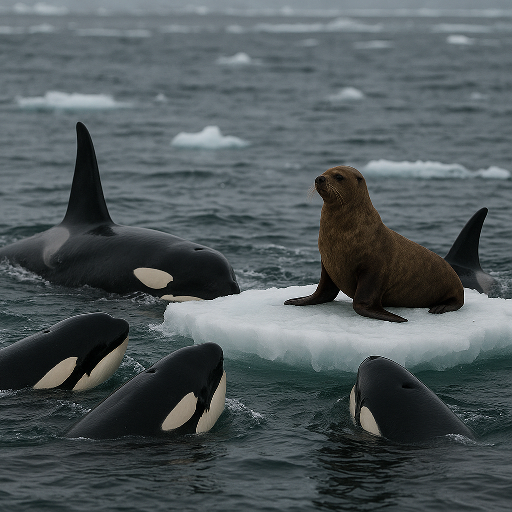Orques antarctiques utilisant la technique de création de vagues pour chasser un phoque sur un iceberg